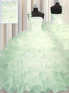 Custom Design One Shoulder Sleeveless Organza Floor Length Zipper Quinceanera Gown in Apple Green with Beading and Ruffles