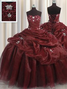 Captivating Sweetheart Sleeveless Vestidos de Quinceanera Floor Length Beading and Appliques and Pick Ups Burgundy Organza
