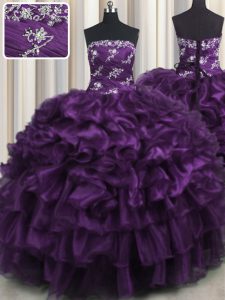 Vintage Sleeveless Organza Floor Length Lace Up Ball Gown Prom Dress in Purple with Appliques and Ruffles and Ruffled Layers