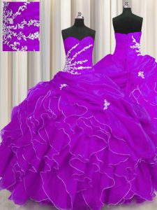 Deluxe Purple Organza Lace Up Sweetheart Sleeveless Floor Length Quinceanera Dresses Beading and Appliques and Ruffles