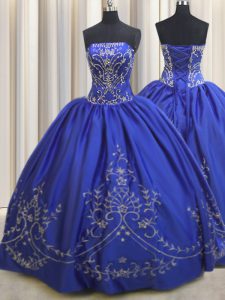 Royal Blue Lace Up Strapless Beading and Embroidery Quinceanera Gowns Chiffon Sleeveless