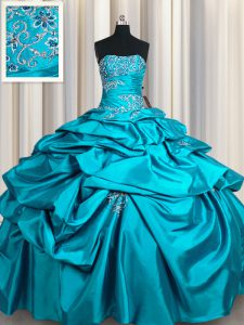 Teal Ball Gowns Appliques and Pick Ups 15 Quinceanera Dress Lace Up Taffeta Sleeveless Floor Length