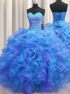 Fitting Multi-color Organza Lace Up Quinceanera Gowns Sleeveless Floor Length Beading and Ruffles