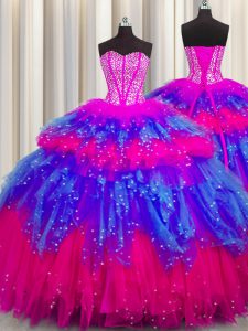 Excellent Bling-bling Visible Boning Multi-color Ball Gowns Tulle Sweetheart Sleeveless Beading and Ruffles and Ruffled Layers and Sequins Floor Length Lace Up Ball Gown Prom Dress