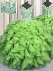 V Neck Sleeveless Organza Floor Length Lace Up 15 Quinceanera Dress in with Beading and Ruffles