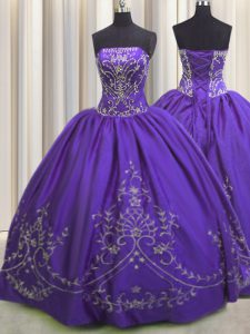 Embroidery Purple Sleeveless Taffeta Lace Up Quince Ball Gowns for Military Ball and Sweet 16 and Quinceanera