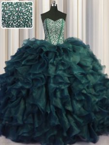 Wonderful Visible Boning Bling-bling Sweetheart Sleeveless Sweet 16 Dresses With Brush Train Beading and Ruffles Peacock Green Organza