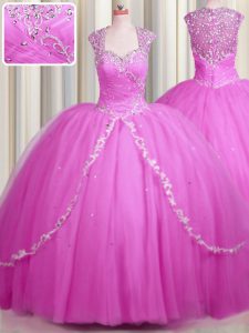 See Through Hot Pink Ball Gowns Sweetheart Cap Sleeves Tulle With Brush Train Zipper Beading and Appliques 15th Birthday Dress