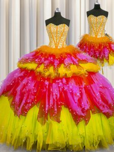 Three Piece Visible Boning Tulle Sweetheart Sleeveless Lace Up Beading Vestidos de Quinceanera in Multi-color