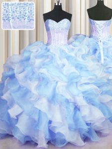Eye-catching Two Tone Visible Boning Floor Length Blue And White Ball Gown Prom Dress Sweetheart Sleeveless Lace Up