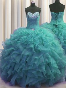 Exceptional Beaded Bust Beading and Ruffles Ball Gown Prom Dress Turquoise Lace Up Sleeveless Floor Length