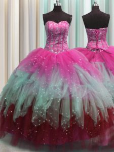 Pretty Visible Boning Multi-color Lace Up Sweetheart Beading and Ruffles and Sequins Quinceanera Gowns Tulle Sleeveless