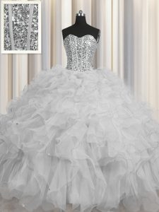 Visible Boning Grey Tulle Lace Up Vestidos de Quinceanera Sleeveless Floor Length Beading and Ruffles and Sequins