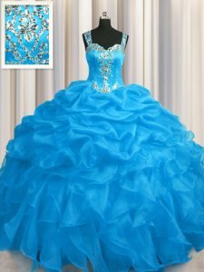 See Through Zipper Up Blue Sleeveless Appliques and Ruffles Floor Length Sweet 16 Dress