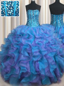 Discount Visible Boning Bling-bling Organza Sleeveless Floor Length Sweet 16 Quinceanera Dress and Beading and Ruffles