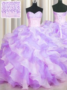 Affordable Two Tone Visible Boning Multi-color Lace Up 15th Birthday Dress Beading and Ruffles Sleeveless Floor Length