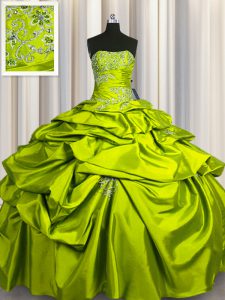 On Sale Taffeta Strapless Sleeveless Lace Up Beading and Pick Ups 15th Birthday Dress in Olive Green