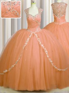 See Through Back With Train Orange Vestidos de Quinceanera Tulle Brush Train Cap Sleeves Beading and Appliques