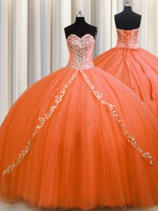 Latest Orange Tulle Lace Up Sweetheart Sleeveless Sweet 16 Dresses Brush Train Beading