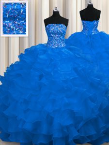 Enchanting Royal Blue Ball Gowns Strapless Sleeveless Organza Sweep Train Lace Up Beading and Ruffles Quinceanera Dress