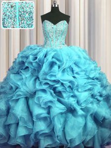 Visible Boning Bling-bling With Train Aqua Blue Vestidos de Quinceanera Sweetheart Sleeveless Brush Train Lace Up