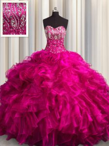 Cute Fuchsia Ball Gowns Sweetheart Sleeveless Organza Brush Train Lace Up Beading and Ruffles Quinceanera Dresses