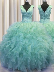 Fantastic Zipper Up Light Blue Quince Ball Gowns Military Ball and Sweet 16 and Quinceanera and For with Ruffles V-neck Sleeveless Zipper