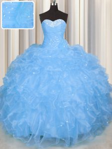 Best Selling Floor Length Baby Blue 15 Quinceanera Dress Organza Sleeveless Beading and Ruffles