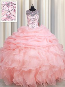 See Through Baby Pink Organza Lace Up Scoop Sleeveless Floor Length 15 Quinceanera Dress Beading and Ruffles and Pick Ups