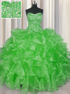 High End Visible Boning Strapless Sleeveless Organza Quinceanera Gowns Beading and Ruffles Lace Up