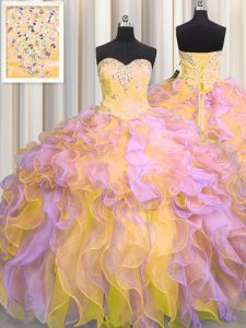 Comfortable Sleeveless Floor Length Beading and Appliques and Ruffles Lace Up Sweet 16 Quinceanera Dress with Multi-color