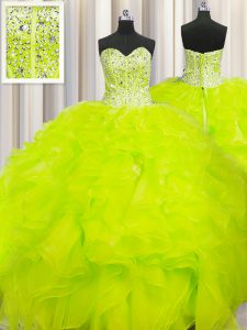 Visible Boning Beaded Bodice Floor Length Yellow Quinceanera Gown Organza Sleeveless Beading and Ruffles