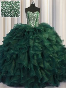 Romantic Bling-bling Dark Green Sleeveless Brush Train Beading and Ruffles With Train Sweet 16 Dress