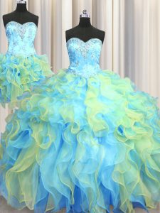 Fancy Three Piece Sleeveless Floor Length Beading and Appliques and Ruffles Lace Up 15th Birthday Dress with Multi-color