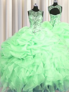 Pretty Scoop See Through Apple Green Sleeveless Organza Lace Up Quinceanera Gown for Military Ball and Sweet 16 and Quinceanera
