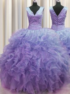 V Neck Zipper Up Floor Length Zipper Sweet 16 Dress Lavender for Military Ball and Sweet 16 and Quinceanera with Ruffles