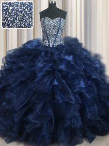 Visible Boning Bling-bling Navy Blue Sleeveless With Train Beading and Ruffles Lace Up Quinceanera Gown