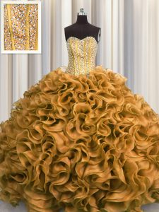 Noble Visible Boning Sleeveless Organza Floor Length Lace Up Sweet 16 Dress in Gold with Beading and Ruffles
