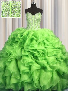 Visible Boning Brush Train Beading and Ruffles Quince Ball Gowns Green Lace Up Sleeveless With Train Sweep Train