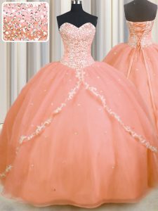 Sleeveless Brush Train Lace Up With Train Beading and Appliques Quince Ball Gowns