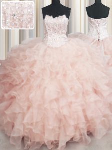 High Quality Visible Boning Peach Ball Gowns Scalloped Sleeveless Organza Floor Length Lace Up Beading and Ruffles Sweet 16 Dress