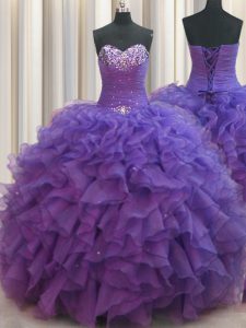 Beaded Bust Sleeveless Beading and Ruffles Lace Up Quinceanera Gowns
