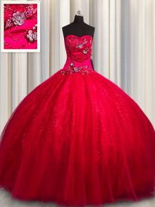 Tulle and Sequined Sweetheart Sleeveless Lace Up Beading and Appliques Ball Gown Prom Dress in Red