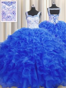 Affordable Straps Sleeveless Lace Up Sweet 16 Dress Royal Blue Organza