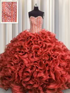 Ideal Visible Boning Floor Length Rust Red Quinceanera Dress Organza Sleeveless Beading and Ruffles