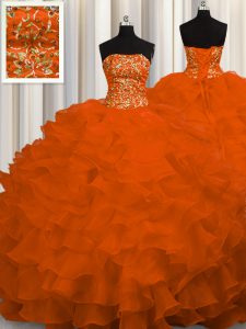 Popular Beading and Ruffles Quinceanera Gowns Rust Red Lace Up Sleeveless Sweep Train
