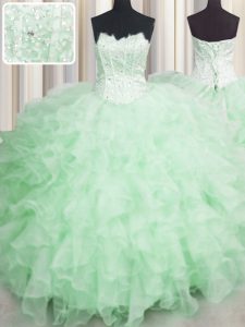 Deluxe Scalloped Visible Boning Apple Green Sleeveless Floor Length Beading and Ruffles Lace Up Quince Ball Gowns