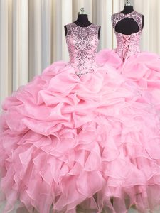 See Through Baby Pink Scoop Neckline Beading and Ruffles and Pick Ups 15th Birthday Dress Sleeveless Lace Up