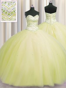 Pretty Bling-bling Puffy Skirt Sweetheart Sleeveless Ball Gown Prom Dress Floor Length Beading Light Yellow Tulle