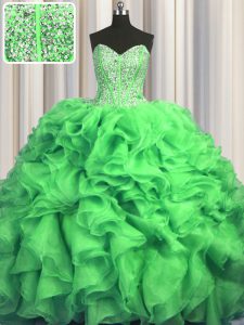 Elegant Visible Boning Bling-bling Ball Gowns Organza Sweetheart Sleeveless Beading and Ruffles With Train Lace Up 15th Birthday Dress Sweep Train